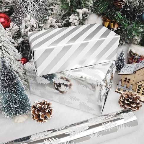 LDGOOAEL Reversible Christmas Wrapping Paper Jumbo Roll - Silver Holiday Tree & Stripes - 30 inches x 100 Feet in Kuwait