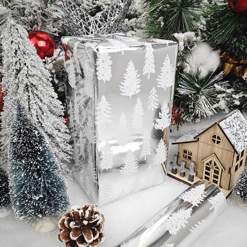 LDGOOAEL Reversible Christmas Wrapping Paper Jumbo Roll - Silver Holiday Tree & Stripes - 30 inches x 100 Feet in Kuwait