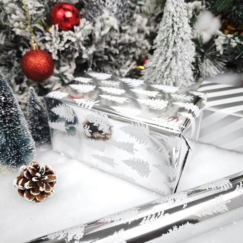 LDGOOAEL Reversible Christmas Wrapping Paper Jumbo Roll - Silver Holiday Tree & Stripes - 30 inches x 100 Feet in Kuwait