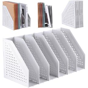 2 Pcs Collapsible Magazine File Holder Plastic Hollow Documents Foldable Organizer Adjustable Magazine Organizers and Storage Sturdy File Dividers for Office (White, 3 Compartments)