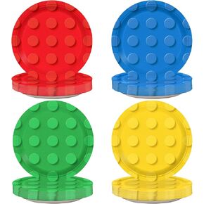 100pcs Building Block Party Plates 9" Building Bricks Birthday Paper Plates Colorful Building Block Themed Party Plates for Boy Girls Birthday Party