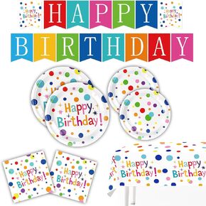 Happy Birthday Decorations-Kids' Birthday Party Supplies with Dots Design, Party Supplies Set Includes Disposable Paper Happy Birthday Plates Tablecloth, and Banner for Boys/Girls, Serves 20.