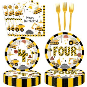 Letromp 80 Pcs Construction 3rd Birthday Decorations Construction Three Years Old Disposable Paper Dinner Plates Napkins Forks Dinnerware for Dump Truck Theme 3rd Bday Party Supplies Decorations