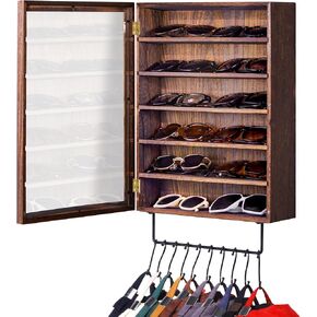 Sunglasses Organizer Storage Wall Mounted, Wood Eyeglasses Display Holder with 10 Hooks, Eyeglass Organizer for Multiple Glasses, Dust Proof Sunglasses Storage Case