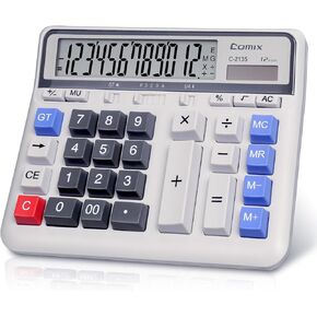 Comix Desktop Calculator Solar Battery Dual Power with 12-Digit Large LCD Display and Large Computer Keys Standard Function Calculator for Home Office School, White