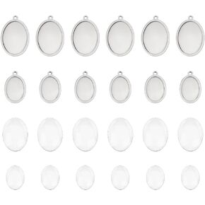 UNICRAFTALE Stainless Steel Pendant Cabochon Settings Flat Oval Plain Edge Bezel Cups with Oval Glass Cabochons rays Base for Photo Pendant Jewelry Making DIY Findings