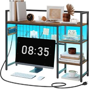Desktop Bookshelf, 4-Tier Desk Hutch Organizer with Power Outlets, 38.6" Wooden Desktop Bookcase with 24 Colors Light Strip, Desktop Display Rack for Home Office, Rustic Brown DSHR145E01