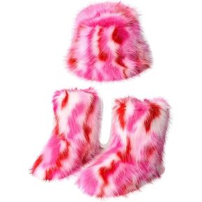 yamerbo Women's Faux Fur Y2k Furry Snow Boots Fuzzy Bucket Hat Cap Winter Mid-Calf Snow Shoes Halloween Aesthetic Streetwear