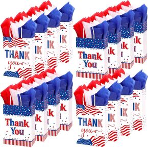 Veterans Day Gift Bags Patriotic Thank You Bags with Handles and Tissue Paper Red White Blue 4th of July Goodie Bags Paper Treat Goodie for Memorial Day Independence Day 16 Pcs