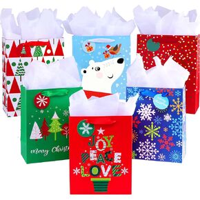 SUNCOLOR 6 Pack Christmas Gift Bags Assorted Sizes With Tissue paper (3 Large 13", 3 Medium 9",)