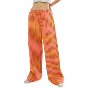 Tankaneo Womens Baggy Striped Pants Casual Loose Wide Leg Drawstring Elastic Waist Pants with Pockets