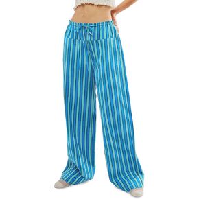 Tankaneo Womens Baggy Striped Pants Casual Loose Wide Leg Drawstring Elastic Waist Pants with Pockets
