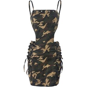 Women Sexy Spaghetti Strap Dress Hollow Out Camo Bodycon Mini Dress Summer Sundresses
