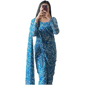 Women's Georgette Printed Ready To Wear one Minute Saree With Unstitched Blouse Piece (RTW Lilly_Free Size)