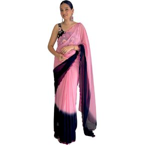 Georgette Dual Shaded Indian Sarees for women with Fancy Arco Border | Multi Embroidered Unstitched saree blouses for women