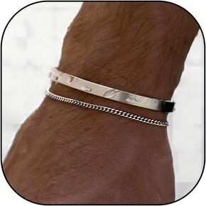 YANCHUN Mens Bracelet Silver Bracelet for Men Chain Bracelet 14K Gold Plated Cuban Link Bracelet Set for Men Stackable Bracelets Gifts for Him