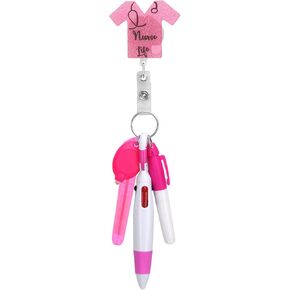 5pcs Nurse Pen Pink Set, Versatile Nurse Badge Reel Accessories Include Nurse Supplies Badge Holder Highlighter Pen Marker Pen LED Light Keychain Four-Color Ballpoint Pen for Nurse Doctor Day Gift