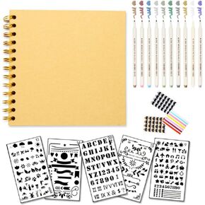 Vexko Scrapbook Bullet Journal Kit: 1 Scrapbook: [7X7 Inches] 20 Sheets, Hardcovers, Black Pages + Scrapbook Supplies: 5 Stencils, 10 Metallic Markers, 3 Sheets of Photo Corners | DIY Photo Album