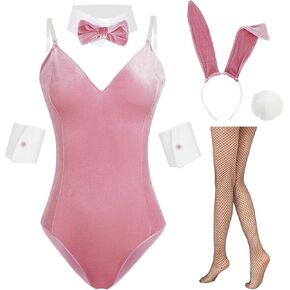 Womens Bunny Costume Girl Bodysuit Halloween Role Play Bunny Outfit with Ear Collar Bow Tie Cuffs Stockings