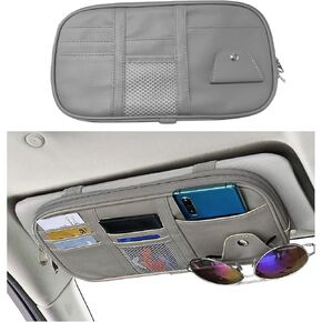 Kewucn Car Sun Visor Organizer, Leather Storage Pocket with Multi-Pocket Net Zipper, Visor Sunglass&Card Holder, Universal Interior Accessories Pocket Organizer for License, Pen, Key (Yellow)