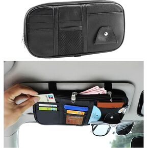 Kewucn Car Sun Visor Organizer, Leather Storage Pocket with Multi-Pocket Net Zipper, Visor Sunglass&Card Holder, Universal Interior Accessories Pocket Organizer for License, Pen, Key (Yellow)
