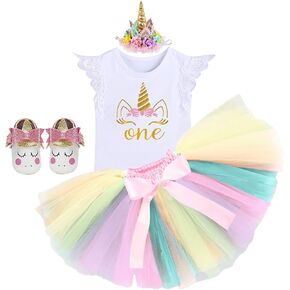 Newborn Baby Girls 1st Birthday Cake Smash Bodysuit Tutu Skirt Dress Unicorn Headband Shoes 4Pcs Outfits