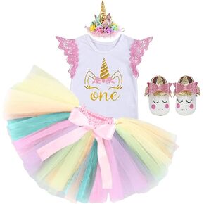 Newborn Baby Girls 1st Birthday Cake Smash Bodysuit Tutu Skirt Dress Unicorn Headband Shoes 4Pcs Outfits