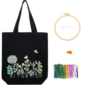 Canvas Tote Bag Embroidery Kit, Beginner Embroidery Kit for Adults, Hand Embroidery Starter kit with Floral Pattern, Arts and DIY Crafts Embroidery Kit , Cross Stitch Kit with Embroidery Bag and Tools
