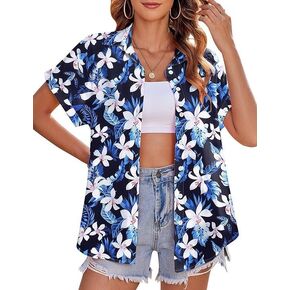 Hawaiian Shirts for Women Tropical Floral Tshirt Summer Beach Short Sleeve Blouses Tops