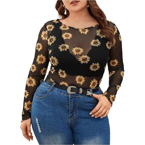 WDIRARA Women's Plus Size Floral Print Sheer Mesh Top Round Neck Long Sleeve Blouse