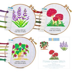 Kraftex Floral Stamped Cross Stitch Kits for Beginners - 3 Pack. DIY Embroidery Needlepoint Patterns for Adults and Kids. Easy Cross Stitch Kits for Beginners