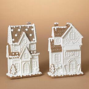 One Holiday Way Set of 2 8.25-Inch Elegant Glitter Frosted White & Brown Gingerbread House Decor w/Snow - Christmas Village Figurines Xmas Indoor Home Decoration