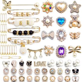 65Pcs Charms for Socks Safety Pin Brooch junk socks charms Brooches and Pins for Women Junk Socks Charms Pins Safety Pin Charms for Socks Pearl Rhinestone Brooch Pins Buttons Shoe Sock Charms Kit