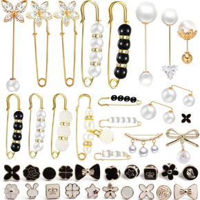 40 Pieces Pearl Brooch Pins Set, Women Shirt Brooch Safety Pins and Faux Pearl Cover up Buttons Pins for Crafts Clothing Dress