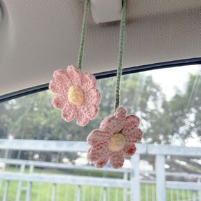 Crochet Daisy Car Accessories for Women Girls, Handmade Crochet Daisy Flower Cute Rear View Mirror Hanging Charms Accessories Aesthetic Car Mirror Decor (White)