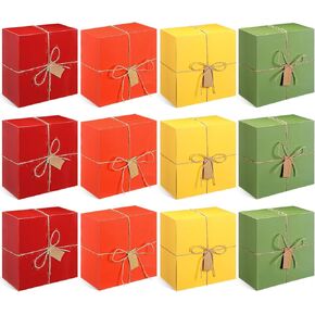 Lincia 12 Set 8'' x 8''x 4'' Fall Thanksgiving Gift Boxes Square Cardboard Box with Lid Bulk Red Orange Yellow Green Boxes with Jute Rope and Tag for Thanksgiving Party Autumn Harvest Party