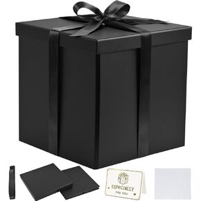 Gift Box, 9×9×9inches Black Gift Boxes with Lids for Presents, Square Birthday Gift Box with Ribbon and Card for Wedding, Baby Shower, Bridesmaid, Christmas, Anniversary