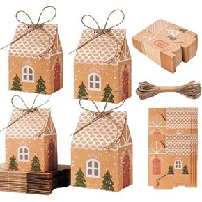 ZZRSDPI 50 Packs Christmas Candy Cookie Boxes, Gift Bags with Hemp Rope,Creative Small&Stickers House Design Food Storage Wedding or Baby Shower Party Favors