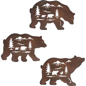 Waiu Metal wall art decor deer bear moose in the forest pine tree, 9.3inch set of 3 Rustic Concise Decoration Hanging for living room bedroom bathroom indoor outdoor, Lodge, Hunting, Cabin Wall Decor,