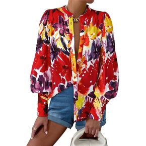 KIRUNDO Women Boho Printed Button Down Shirts Puff Long Sleeve Casual Dressy Work Blouse Summer Fall Fashion Going Out Tops