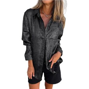 Gihuo Women's Metallic Button Down Shirts Long Sleeve Sparkly Blouse Shiny Glitter Party Tops Sexy Disco Outfits