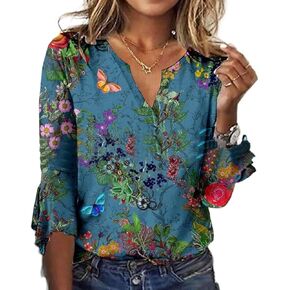 Summer Tops for Women Boho 3/4 Sleeve Vintage Floral Shirts Plus Size Ruffle Sleeve V Neck Tshirt Fashion Blouses