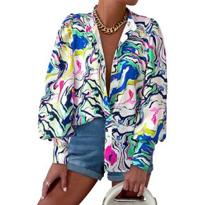 KIRUNDO Women Boho Printed Button Down Shirts Puff Long Sleeve Casual Dressy Work Blouse Summer Fall Fashion Going Out Tops