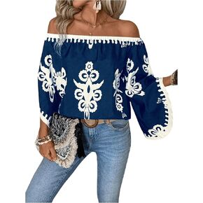 GORGLITTER Women's Off The Shoulder Bell Long Sleeve Top Allover Print Blouse Shirts