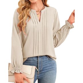 Gaharu Women's Work Blouses Pleated Dressy Tops Long Sleeve V Neck Office Business Shirts Fall Fashion 2024