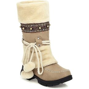 Women's Mid-Calf Slip On Winter Snow Boots, Classic Round Toe Suede Faux Fur Cozy Warm Comfortable Winter Booties Low Heel Hairball Flat Soled Shoes
