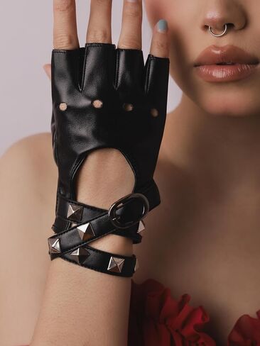 Sacina Gothic Black PU Leather Fingerless Gloves, Fingerless Leather Gloves, Biker Gloves, Goth Gloves, Punk Gloves, Cosplay Gloves, Punk Accessories for Women in Saudi Arabia