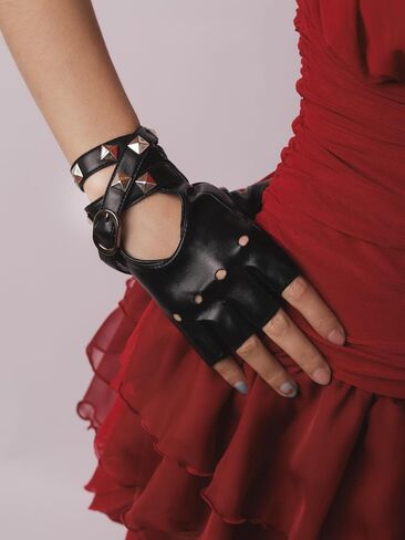 Sacina Gothic Black PU Leather Fingerless Gloves, Fingerless Leather Gloves, Biker Gloves, Goth Gloves, Punk Gloves, Cosplay Gloves, Punk Accessories for Women in Saudi Arabia