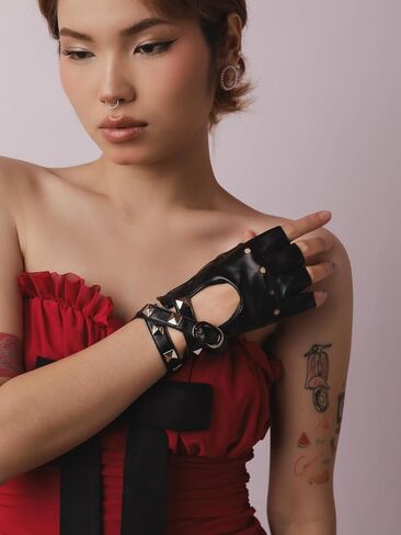 Sacina Gothic Black PU Leather Fingerless Gloves, Fingerless Leather Gloves, Biker Gloves, Goth Gloves, Punk Gloves, Cosplay Gloves, Punk Accessories for Women in Saudi Arabia