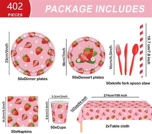 402 Pcs Strawberry Party Decorations, Party Supplies tablecloth Tableware Set Disposable 9'' 7'' Paper Plates 9 oz Cups Napkins Forks Knives Dinnerware Set for Birthday Baby Shower, Serve 50 Guests in Saudi Arabia